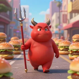 a chubby red demon with horns and a trident walking down a street full of hamburger people in the city of los angeles, nendoroid, in the croods movie style, anime, disney, pixar, 8 k, hd, dof, kodak film, volumetric lighting, subsurface scattering, photorealistic, octane render, details