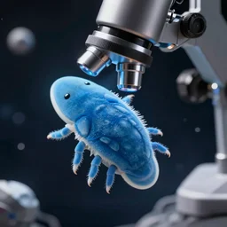 a blue tardigrade under microscope floating in space, realistic