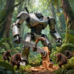 giant robotic woodcuter timbersaw versus living forest ents in jungle