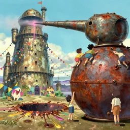 memorable animation key shot, vanishing point, kids climbing up the giant bulbous rusty yamato schwerer gustav!!!!, colorful bunting, impact crater, flags, dripping paint, grafitti!!!!!!!!!!!!!!!!!!!!!, rust, ghibli, fortress, by mandy jurgens, by satoshi kon, ilya