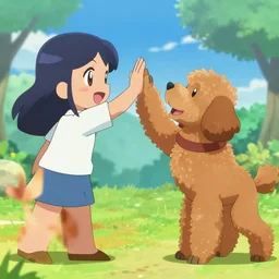 woman and cavoodle high - fiving, anime style, pokemon