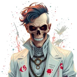 wealthy male half necromancer, made of white gucci fabric, pixiv fanbox, dramatic lighting, maximalist pastel color palette, splatter paint, pixar and disney exploded - view drawing, graphic novel by fiona staples and dustin nguyen, peter elson, alan bean, wangechi mutu, clean cel shaded vector art, trending on artstation