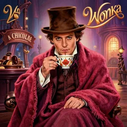Johnny Depp is covered in a blanket and drinking tea in Willy Wonka's Chocolate Factory, Illustration, Colorful, insanely detailed and intricate, super detailed, by Beeple