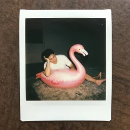 dad on a hangover deflating a pink flamingo, polaroid photo