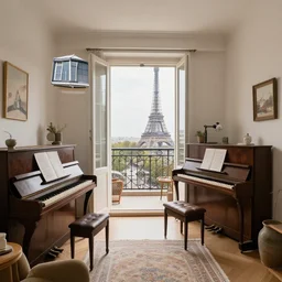 parisian studio apartment with an old acoustic piano and a balcony and eiffel view, decorated with vintage furniture, has a window on roof, cosy vibes, real photo, wide angle lens