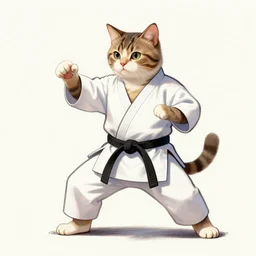 drawing of a humanoid cat wearing a karate uniform in fighting pose
