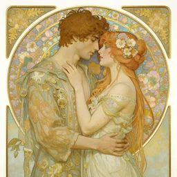 two lovers | romance love passion tenderness, man and woman | highly detailed | very intricate | art nouveau | gold filigree | pre - raphaelite romantic storybook fantasy | made of flowers | soft cinematic lighting | award - winning | painted by mandy jurgens and audrey kawasaki | pastel color palette | featured on artstation