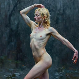 painting of a beautiful pale androgynous blond man, dancing  in the rain, by Jeremy Mann and Jason Jenicke, 70mm, cinematic, highly detailed, stylized, loose brush strokes, intricate, realistic, exaggerated lighting, dramatic lighting,  sense of scale, sense of movement,  sensual