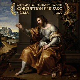 a Renaissance Art painting about the corruption of power as a album cover
