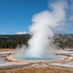 in the heart of yellowstone lies a churning cauldron of bubbling hot springs and gushing geysers. above it all looms the mighty peak of old faithful, the most famous geyser in the world. tourists come from all over to witness the otherworldly beauty of this natural wonderland.