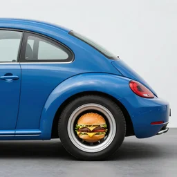 a blue beetle car with burgers for wheel rims