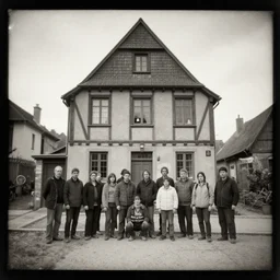 a tintype photograph. photo of a group of people in front of the town hall house of the village and a small face of a ghost in the window of the house