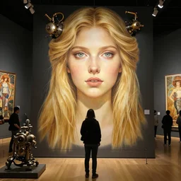 blonde curator, night, museum, 4 k, ultra realistic, beautiful eyes, epic lighting, machines, high detail, masterpiece, trending on artstation by artgerm and akihito tsukushi and alphonse mucha, crayons