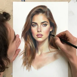 a hand painting a picture of a beautiful woman. by artgerm and magali villanueve and michael whelan