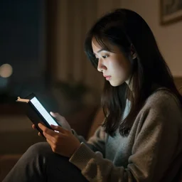 a girl reading an e-book, night, portrait, by wlop