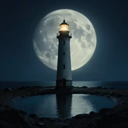 lonely lighthouse in a moon shaped pool, style by ayvazovsky and stanley kubrick, cinematic lighting, n - 5