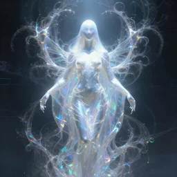 faceless, shrouded figure, powerful being, plant spirit, fractal entity, spirit guide, light being, pearlescent, shiny, glowing, ascending, chromatic aberration, prismatic, glitch art, weird, odd, surreal
