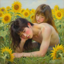 oil painting by ilya kuvshinov,, baugh casey, rhads, coby whitmore, of a youthful japanese idol, long hair, in fetal position, outdoors in a bed of grass amidst a sunflower field, highly detailed, breathtaking face, studio photography, dawn, intense subsurface scattering, blush, supple look, innocence, intense sunlight