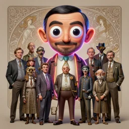 anthropomorphic highly detailed group portrait of funny mr bean neon giant cute eyes drow scout, intricate, elegant, highly detailed, digital painting, artstation, concept art, smooth, sharp focus, illustration, art by artgerm, bob eggleton, michael whelan, stephen hickman, richard corben, wayne barlowe, trending on artstation and greg rutkowski and alphonse mucha, 8 k
