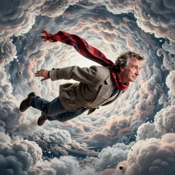 tom baker using his scarf to fly, psychedelic, clouds, 4 k, intricate high details, sharp