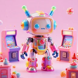 cute elaborate epic robot, candy colors, pinball machine parts, symmetrical, in a city made of arcade machines and buildings made of candy, octane render, 3 d model, translucent, clear parts, rainbow neon lights, detailed by pokedstudio