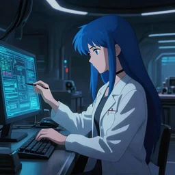 in the style of cyberpunk late 2 0 0 0's dark moody anime movie still : : dystopian hall art : : science girl researcher : : long blue haired : : somber far future lab background interior : : calm studying cyber board