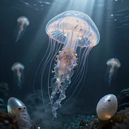 8 k photography cyborg deep - sea ribbon jellyfish shark egg swirling around subsurface scattering shiny translucent, wide shot, futuristic, light shafts, hyperrealistic, highly detailed and intricate, ornate, luxury, elite, horror, creepy, ominous, haunting, cinematic, smoky, atmospheric