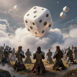 holy dice in the clouds, on the ground are people dressed in fantasy armor, kneeling in prayer