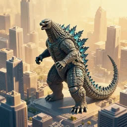 godzilla in isometric cybercity, golden hour by tyler edlin and petros afshar and christopher balaskas and marius borgeaud and kiliain eng, global illumination, ambient occlusion, 3 0 mm, well proportioned, highly detailed, rule of thirds