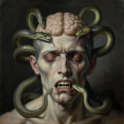 a painting of a decapitated man's distressed face with biting serpents swarming out of his exposed brain, a surrealist painting, polycount, surrealism, surrealist, lovecraftian, cosmic horror