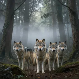 painting of forest with wolves emerging from the mist, hyper realistic, surreal
