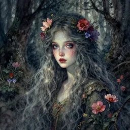 highly detailed watercolor, beautiful ghostly forest spirit, long hair, nostalgia for a fairytale, magic realism, flowerpunk, mysterious, black light colors, by charles vess, anato finnstark, cinematic lighting, beautiful face by leyendecker