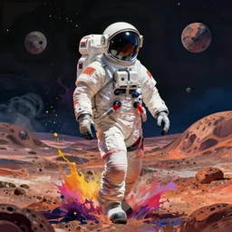 astronaut walking on a barren alien planet by josan gonzalez splash art graphic design color splash high contrasting art, fantasy, highly detailed, art by greg rutkowski