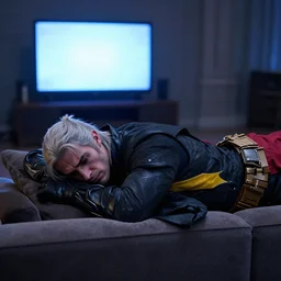a witcher + batman lying on couch front of tv, depressed, vibrant, life changing, dramatic, cinematic lighting, digital art, ultra sharp, extreme details, sinful and petty by gerald brom and zadislaw beksinksi and giger