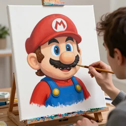 mario paints to a canvis, wearing bob ross hair, 8 k