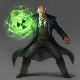 a highly detailed illustration of bald old man wearing suit with green glowing eyes charging energy ball, nuclear symbol pupils, dramatic standing pose, intricate, elegant, highly detailed, centered, digital painting, artstation, concept art, smooth, sharp focus, league of legends concept art, wlop.