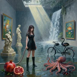 painting of a flooded art gallery, emo girl holding a fire hose, pomegranates, octopus, long black boots, flooded, stone sculptures, art on the walls, tropical fish, zen, shaft on sunlight, rain, waterfall, black swans, tandem bicycle, berries, surrealist, by magritte and monet