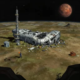 wreckage of a spaceship next to a small outpost on a remote planet, from a space themed point and click 2 d graphic adventure game, set design slightly inspired by hg giger, art inspired by thomas kinkade and bob ross and william lionel wyllie
