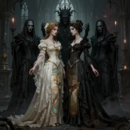 two gothic heroines, secret brides to the faceless slaves of the nameless night of the castle of dread desire, intricate artwork by josan gonzalez, artgerm, edmund leighton, kilian eng, alphonse mucha, zdizslaw beksinski, very coherent artwork, cinematic, gothic, mysterious, octane render, unreal engine, trending on artstation 8 k
