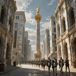 capital city of a fantasy kingdom with a single column of knights in armor marching down the street and tall marble buildings with fantasy roman architecture, by Greg Rutkowski