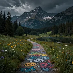beautiful matte painting style dark academia, street art fantasy path mountains and meadow in the background near a lake reflecting the trees, atmospheric lighting, painted, intricate, volumetric lighting, beautiful, rich deep colors masterpiece, sharp focus, ultra detailed by