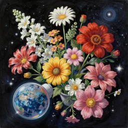 An epic fantastic realism comic book style painting of the most beautiful flowers launched into space, bouquets, nearby star, fisheye lens, unreal 5, DAZ, hyperrealistic, octane render, dynamic lighting