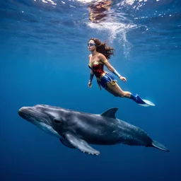 wonder woman gal gadot free diving with false killer whales, photorealistic, in the style of national geographic
