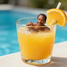 ( shrunk down o j simpson ) swimming inside [ a glass of orange juice ] like its a pool