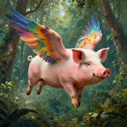 a pig with rainbow feathered wings, flying above a tropical forest, HD, illustration, epic, D&D, fantasy, intricate, elegant, highly detailed, digital painting, artstation, concept art, smooth, sharp focus, illustration, wallpaper, art by artgerm and greg rutkowski and alphonse mucha and jin xiaodi and anthony devine