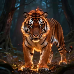 burning tiger in the night forest, mystery, scared, fantasy, highly detailed, digital painting, concept art, sharp focus, illustration, beautiful volumetric lighting, epic light, artstation