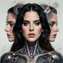 portrait of lana del rey as a cyborg. intricate abstract. intricate artwork. by tooth wu, wlop, beeple, dan mumford. dramatic octane render, trending on artstation, greg rutkowski very coherent symmetrical artwork. cinematic, key art, hyper realism, high detail, octane render, 8 k, iridescent accents