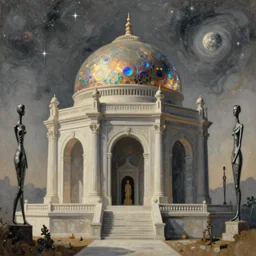 iridescent mausoleum, the ancient gods fantasycore landscape, glossy painting, Art Nouveau Cosmic 4k Detailed Matte Illustration trending on Flickr ,CGSociety, Gray and Buff color scheme, Pastiche by Julie Bell, Pastiche by Alberto Giacometti