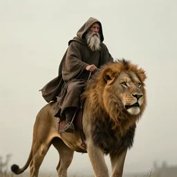 a hooded wise lonely old man with a long white beard wearing a brown hooded tunic riding on top of a lion, the man riding is on the lion, the wise man is riding on top, he is all alone, majestic, epic digital art, cinematic, trending on artstation, superb detail 8 k, wide angle shot, masterpiece