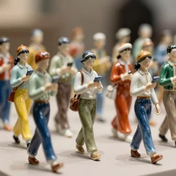 A crowd of walking colourful porcelain people figurines close up, looking at their phones, tilt shift, reflections, Canon TS-E 17mm f/4, pristine quality wallpaper